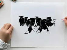 Border collie herding sheep silhouette illustration