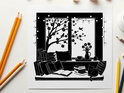 Cozy room interior with silhouette of tree and flowers by the window