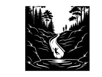 Silhouette of a person jumping into a serene lake at dusk surrounded by trees preview picture