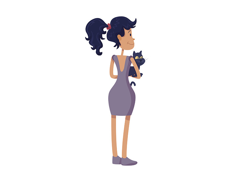 Woman holding cat in hands back view flat cartoon vector illustration