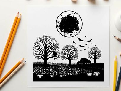 Silhouette of a spooky halloween night with full moon and bats