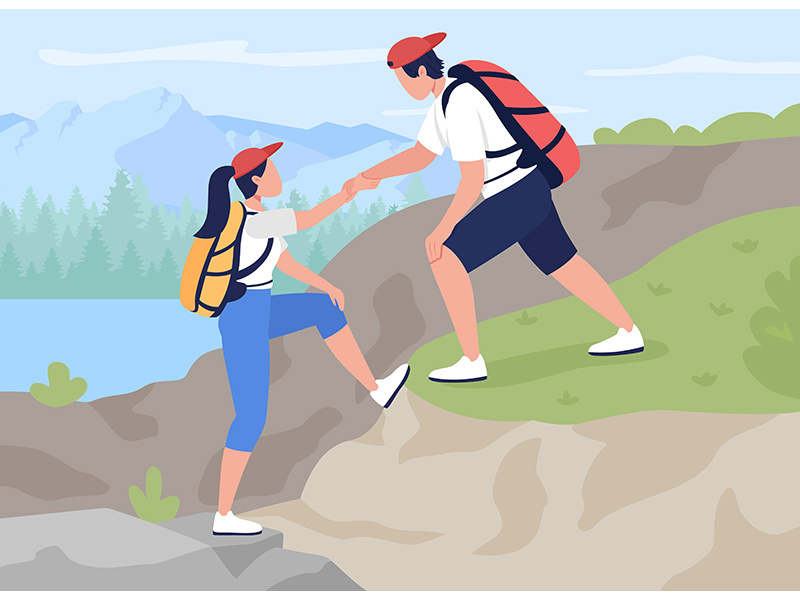 Teamwork in mountain climbing flat color vector illustration