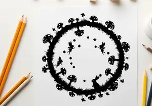 Black and white illustration of a circular floral pattern