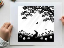 Easter bunny silhouette under tree with eggs and butterflies