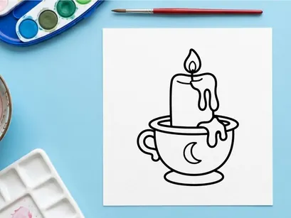 Hand-drawn Halloween candle melting in coffee cup. Spooky wax drip illustration for seasonal promotions and festive designs.