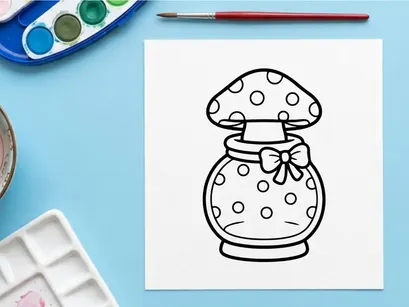 Cute cartoon mushroom jar with polka dots and bow. Whimsical toadstool container for Halloween or fantasy decor.