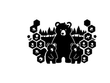 Silhouette of a bear family in forest with honeycombs silhouette preview picture