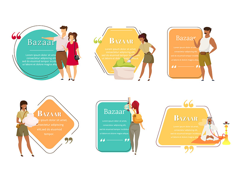 Bazaar sellers flat color vector character quotes set