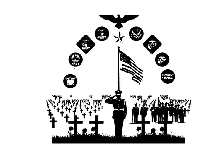Veterans memorial silhouette with american flag and military emblems