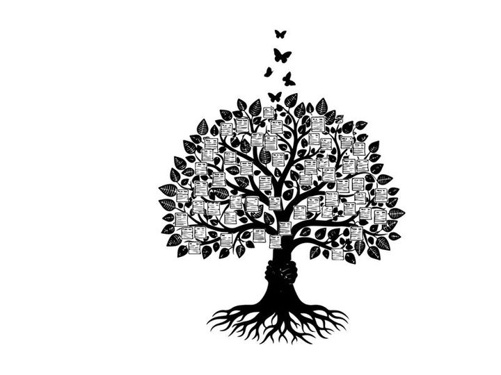 Silhouette of tree with roots and butterflies flying upwards from silhouette