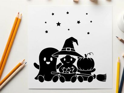 Halloween silhouette of ghost witch cat and jack o lantern on a train