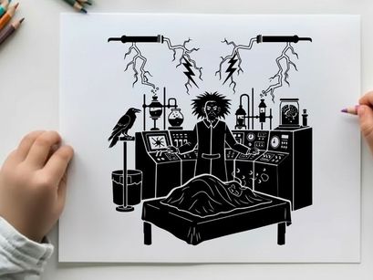 Silhouette of a mad scientist in a laboratory setting