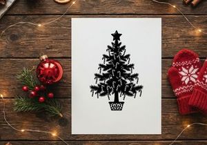Siluet hitam pohon Natal yang dihiasi dengan permen tongkat dan hiasan puncak berbentuk bintang.