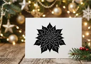 Black and white poinsettia flower illustration for Christmas holiday design projects.