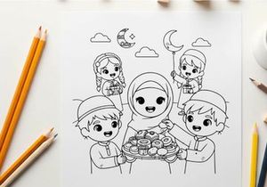 Muslim children iftar meal Ramadan celebration flat design vector illustration