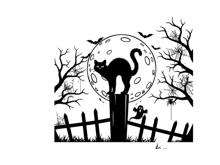 Silhouette of a cat on a fence post under full moon