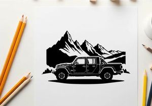 Silhouette of a jeep in front of majestic mountain range silhouette