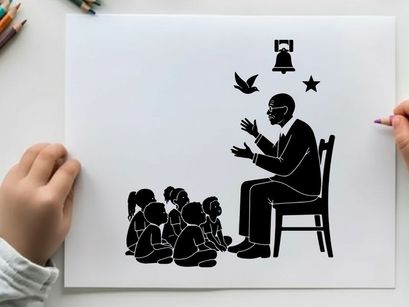 Silhouette of a man telling stories to children with silhouette