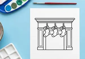 Line art illustration of Christmas stockings hanging on a fireplace