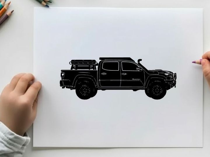 Silhouette of a pickup truck with a roof rack and storage box silhouette