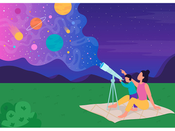Family stargazing with telescope flat color vector illustration preview picture