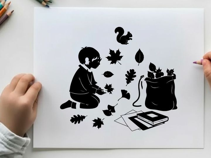 Silhouette of child collecting leaves with squirrel and book