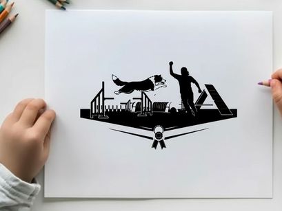 Dog and handler silhouette in dog agility silhouette course