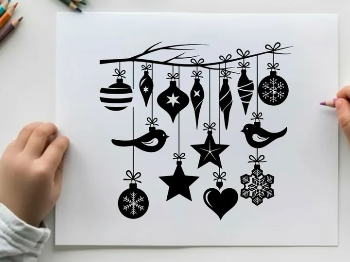 Christmas ornaments silhouette hanging from a tree branch