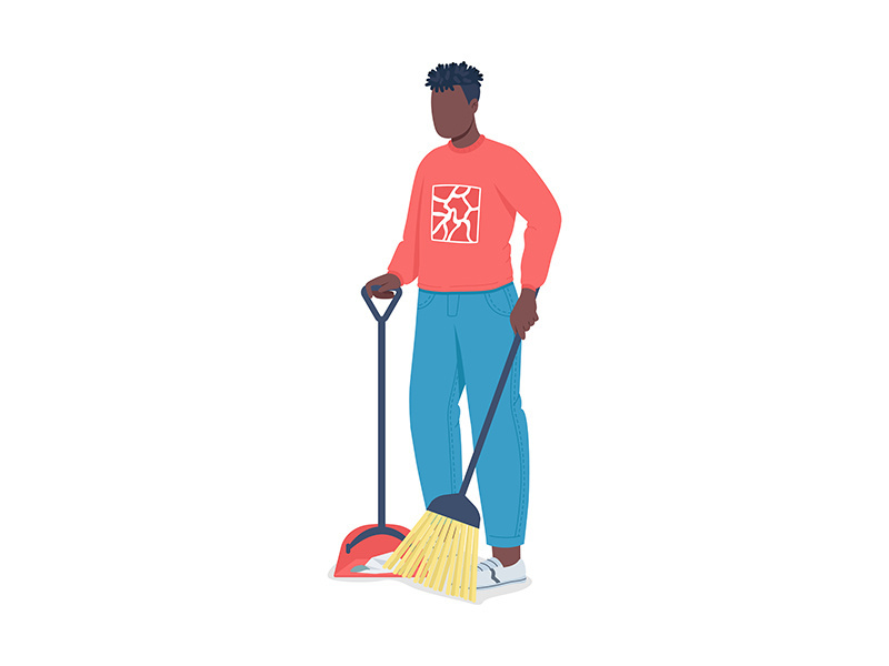 Man sweeping floor semi flat color vector character
