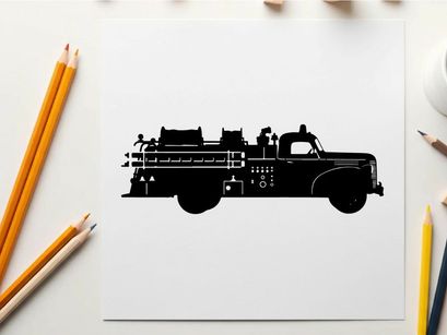Silhouette of a vintage fire truck with equipment and crew