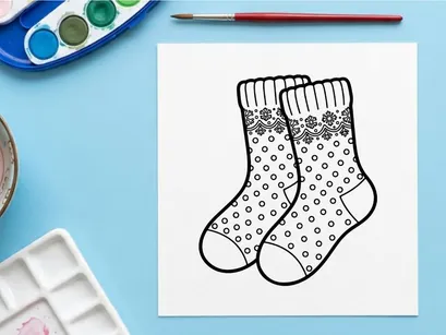 Pair of Christmas socks with polka dot and snowflake pattern line art illustration