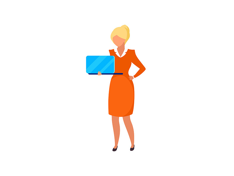 Elegant woman holding laptop semi flat color vector character