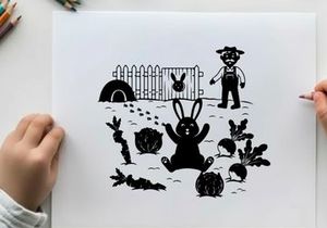 Silhouette of a rabbit and farmer in a garden scene