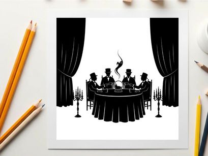 Silhouette of men in top hats gathered around a table with a dancing silhouette