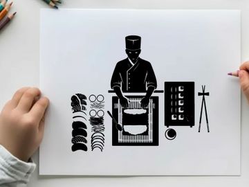 Sushi chef silhouette with sushi ingredients and cooking tools preview picture