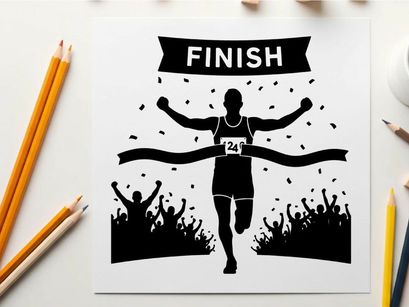 Silhouette of a runner crossing the finish line with cheering crowd