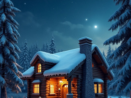 A cozy log cabin nestles in a snowy forest under a starry night. preview picture