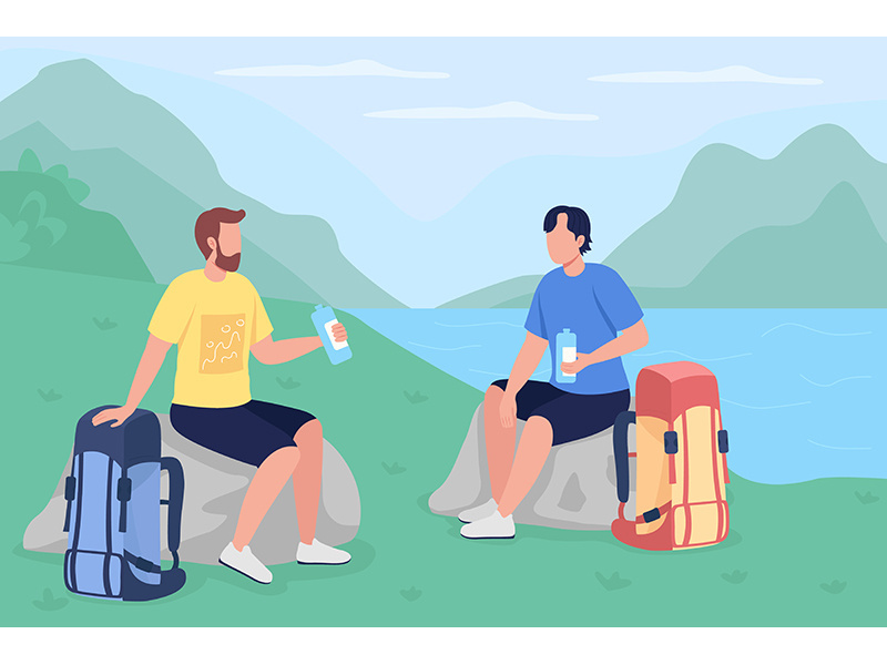 Trekkers drink water flat color vector illustration