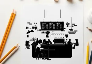 Silhouette of people in a modern coffee shop interior