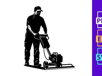 A man operating a plate compactor on a construction site with safety gear