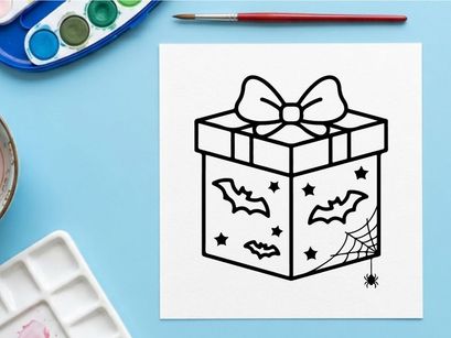 Halloween gift box with bats and spider web. Spooky holiday present icon for coloring page.