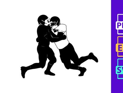 Two football players in intense physical contact during a game