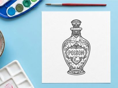 Vintage poison bottle illustration for warning labels and safety designs. Antique glass container with skull symbol for toxic hazard and chemical d...