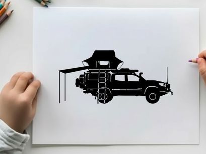 Silhouette of a car with rooftop tent and awning