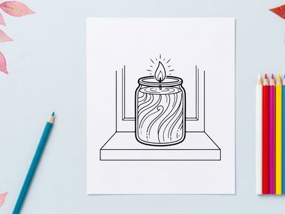 Line art illustration of a lit candle in a glass jar on a windowsill