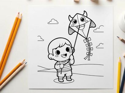Child flying cow kite playful outdoor vector illustration