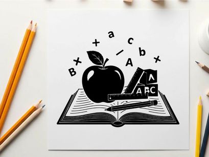 Silhouette of apple and books with floating alphabet silhouette