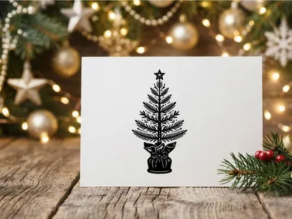 Ilustrasi pohon Natal hitam putih dengan hiasan puncak bintang di latar belakang putih