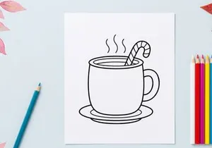 Christmas hot cocoa mug with candy cane line art illustration for coloring page