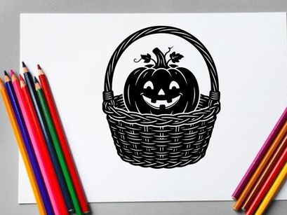 Labu Halloween dalam Keranjang Anyaman dengan Wajah Ukiran dan Daun